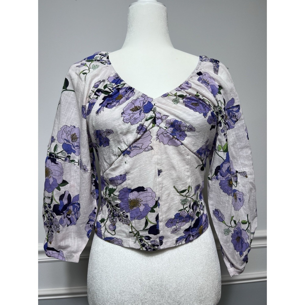 Anthropologie XS Floral Peplum Blouse-Cotton-Purple White-Cottagecore-Boho-Soft